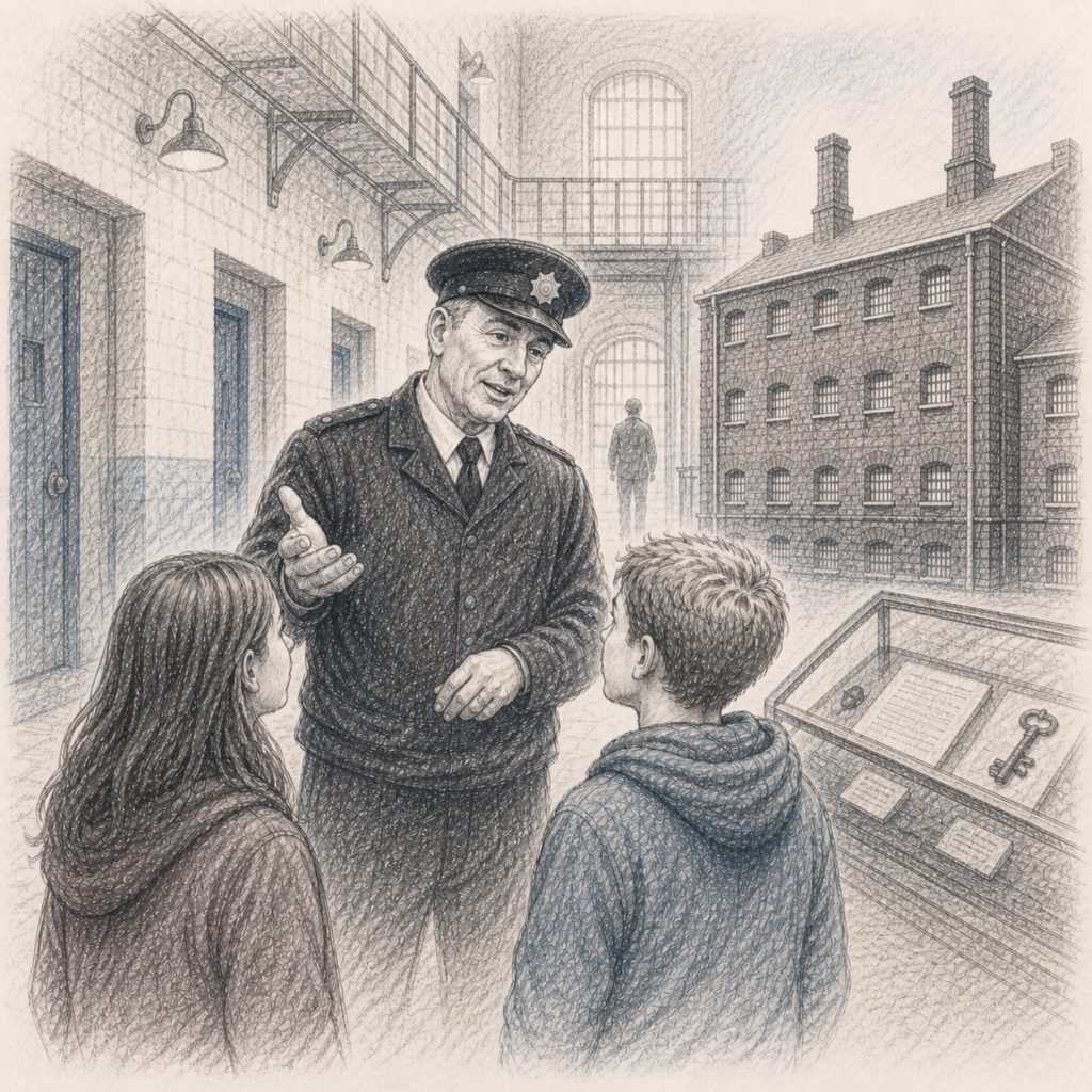 Sketch of a prison officer engaging with young visitors at a heritage site