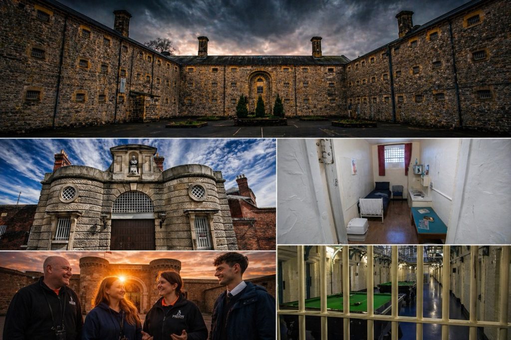 Collage of prison and other buildings and interior spaces representing Cove Group.